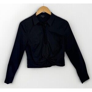 Bebe Black Shirt Small Cotton blend  Button Front Twist Cropped Sharp Fitted